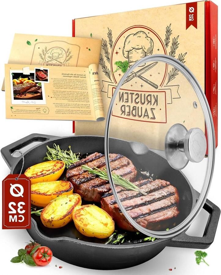 Gietijzeren Grillpan Geribbelde Pan Buiten Koken Dubbele Handgreep 32 cm Zwart