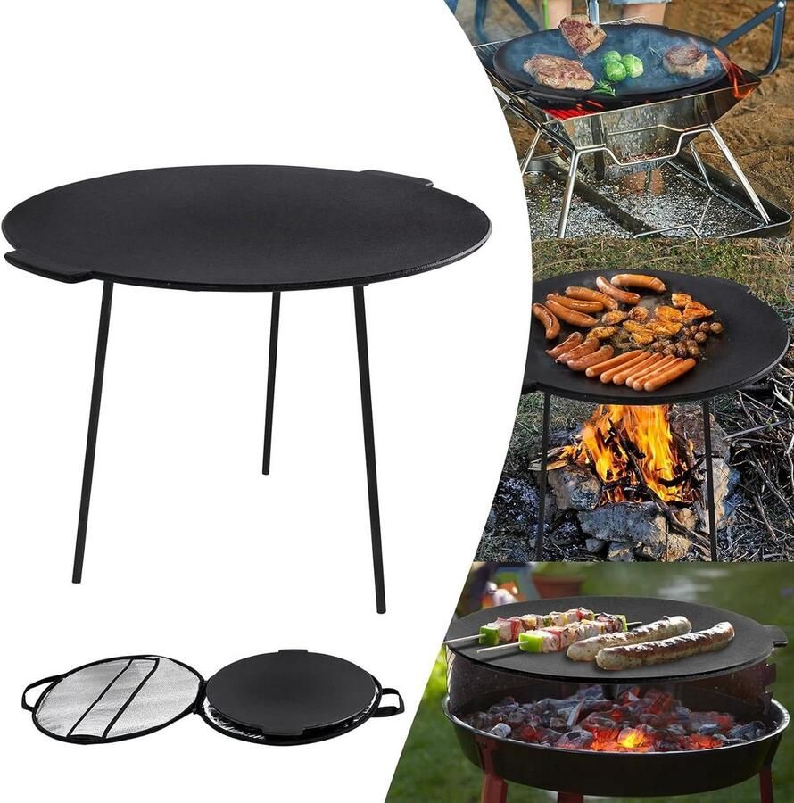 Gietijzeren Grillpan Grillplaat BBQ Buiten Koken Gelijkmatige Warmteverdeling Ø45cm Zwart