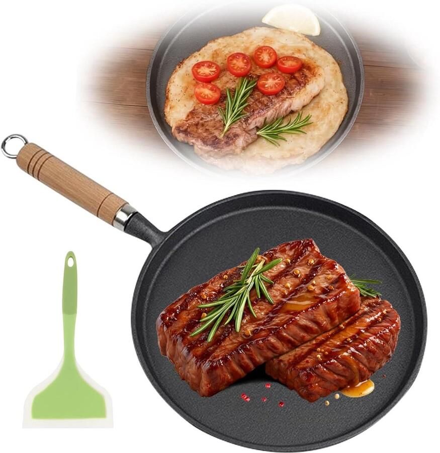 Gietijzeren Grillpan Koekenpan Braadpan Buiten Koken Natuurlijke Anti-aanbaklaag 20 cm Zwart