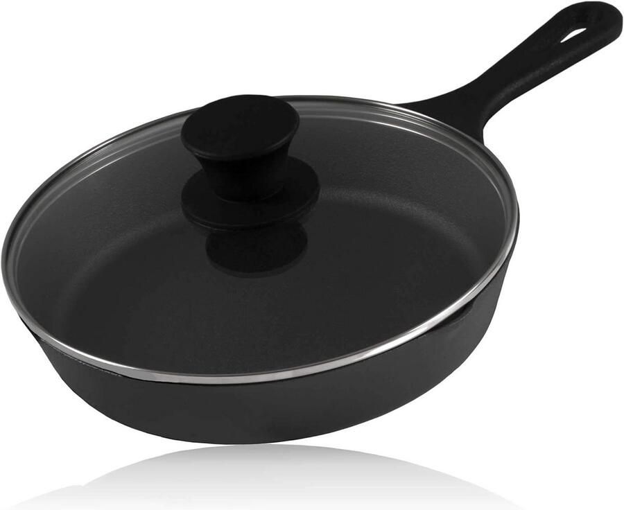 Gietijzeren Grillpan Koekenpan met deksel Buiten koken Vooraf ingebrand 19 cm diameter Zwart
