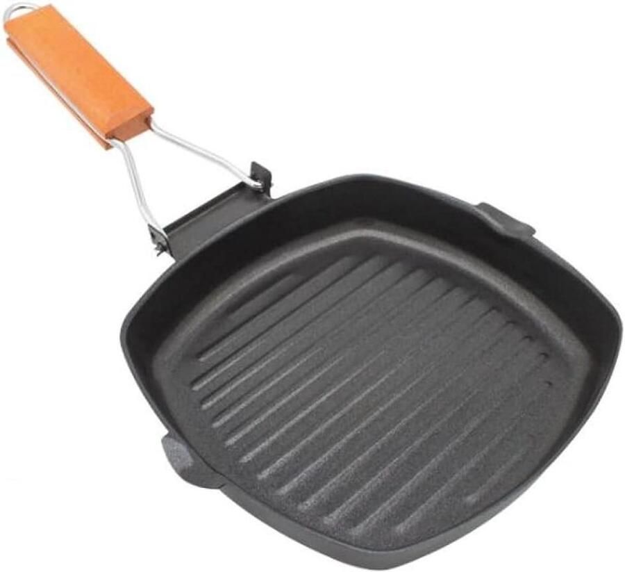 Gietijzeren Grillpan Koekenpan Opvouwbaar Steak Vis Grillen Inklapbaar Handvat 24 cm Zwart