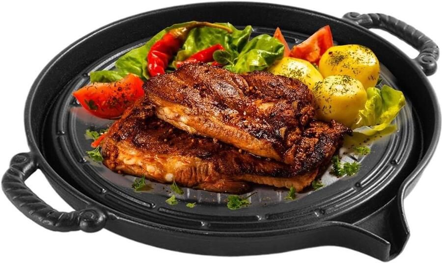 Gietijzeren Grillpan Koekenpan Platte Pan Buiten Koken Natuurlijk Anti-aanbak 28 cm Zwart