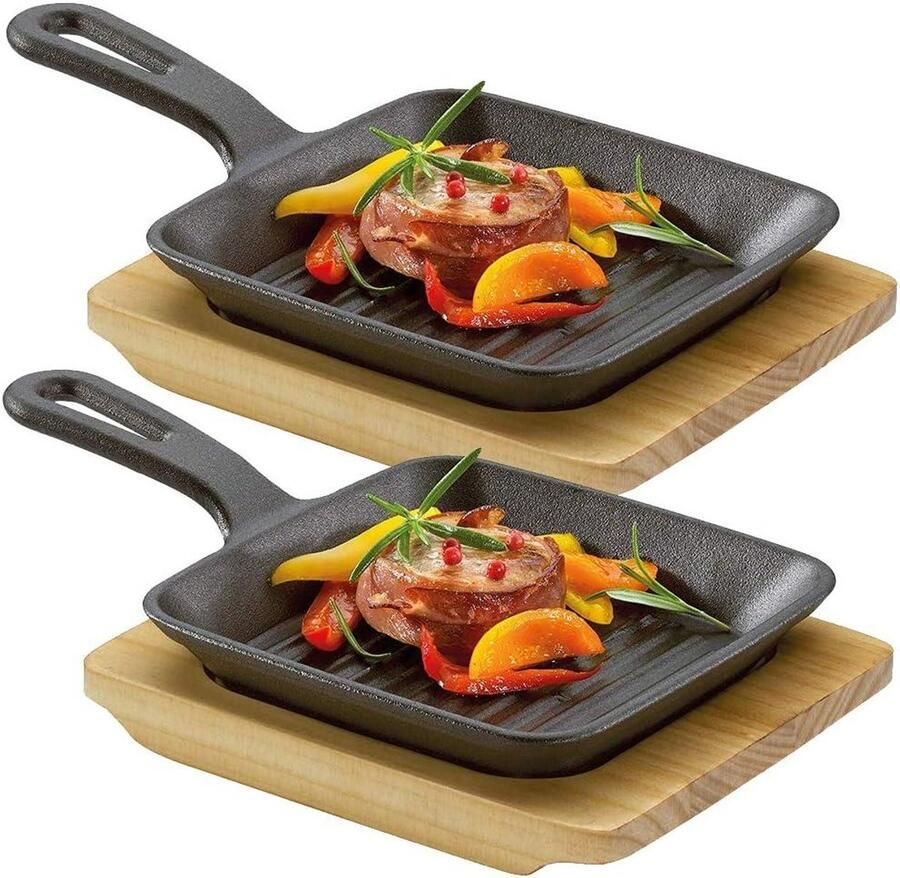 Gietijzeren Grillpan Koekenpan Serveerschaal Aan Tafel Serveren Houdt Gerechten Warm 22 x 13.5 cm Zwart