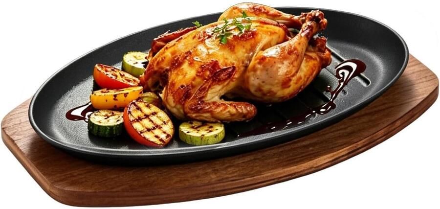 Gietijzeren Grillplaat Ovale Serveerplaat Thuis Koken Met Houten Sokkel 25 cm Zwart