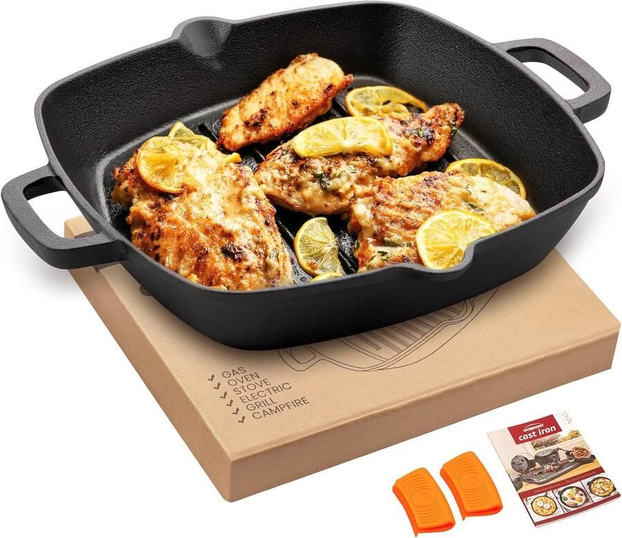 Gietijzeren Grillpan Koekenpan Steak Grillen Twee Handvatten 26 cm Zwart