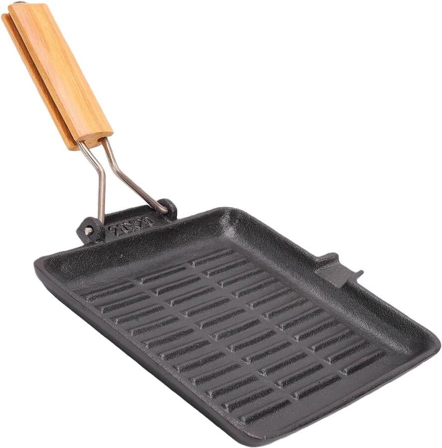 Gietijzeren Grillpan Koekenpan Steakpan Gelijkmatig Koken Houten Handgreep 20 Cm Zwart