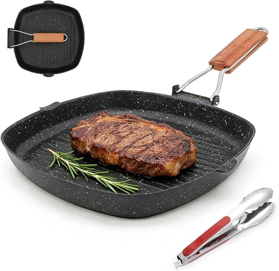 Gietijzeren Grillpan Koekenpan Vierkant Steaks Grillen Dubbele Schenktuit 28 x 28 cm Zwart