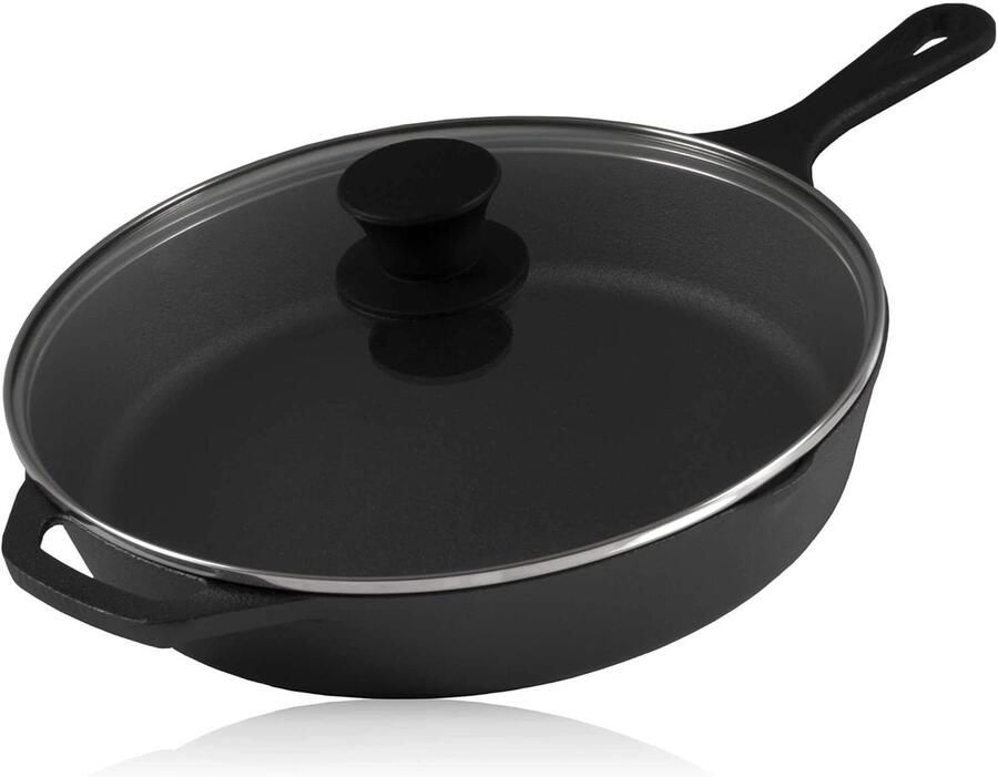 Gietijzeren Grillpan met Glazen Deksel Geschikt voor Inductie en BBQ