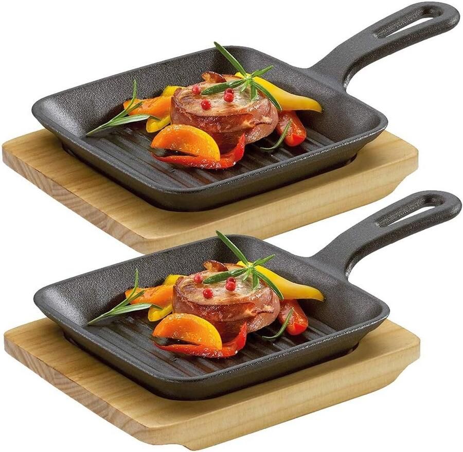 Gietijzeren Grillpan met Houten Serveerplank Perfect voor BBQ en Oven