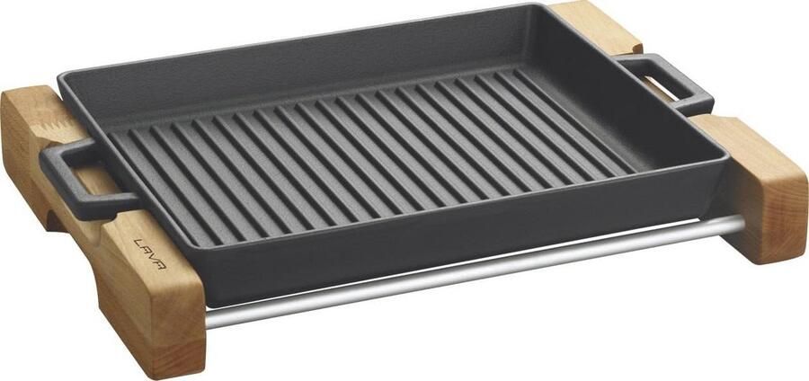 Gietijzeren Grillpan met Metalen Handvatten en Houten Standaard 26 x 32 cm