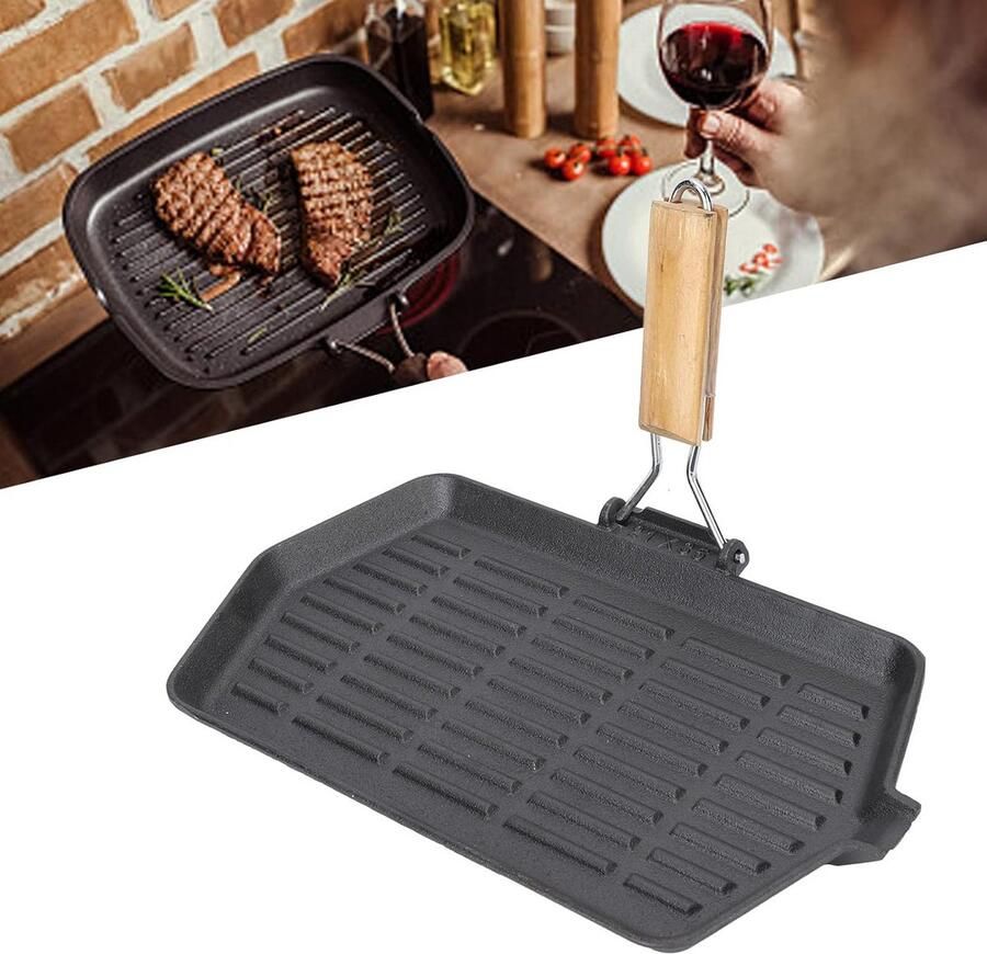 Gietijzeren Grillpan met Vouwbare Houten Handgreep Grote 21x35 cm Griddle voor Alle Kookplaten