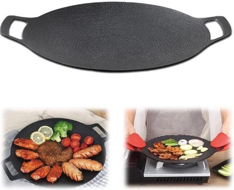 Gietijzeren grillpan ronde bakplaat voor buiten koken antiaanbaklaag 30 32 34 cm zwart