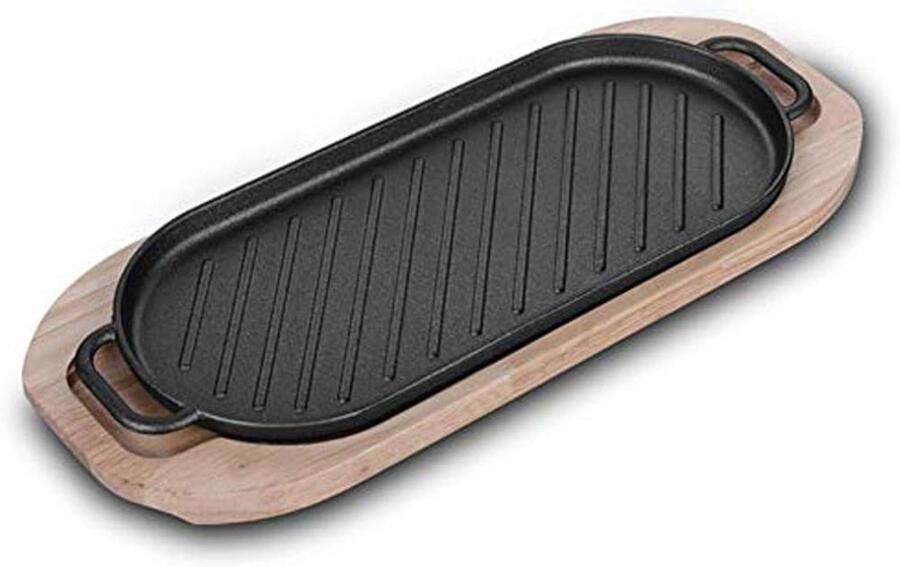 Gietijzeren Grillpan Serveerschaal Hout Heerlijk Koken Dubbele Handgrepen 37x16 cm Zwart