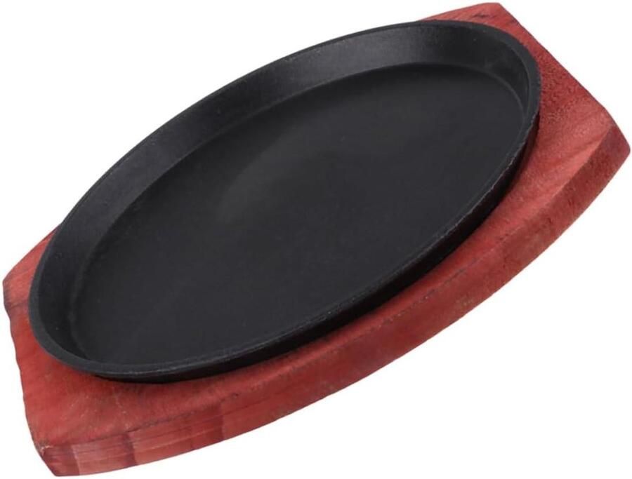 Gietijzeren Grillpan Sizzling Pan Ronde Plaat Steaks Grillen Met Houten Basis 23.5 cm Zwart