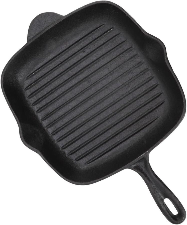 Gietijzeren Grillpan Steak Koekenpan Gelijkmatig Grillen Dubbele Schenktuiten 26CM Zwart