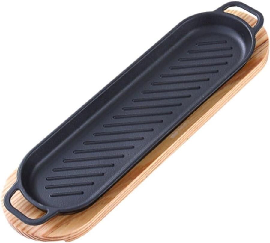 Gietijzeren Grillpan Steak Schotel Eten Bereiden Met Houten Basis 43 cm Zwart