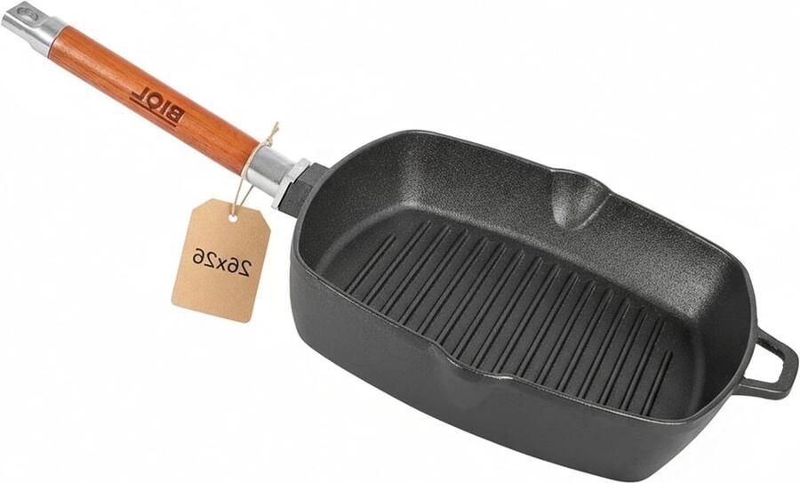 Gietijzeren Grillpan Steakpan Braadpan Lekker Grillen Afneembaar Houten Handvat 26 cm Zwart