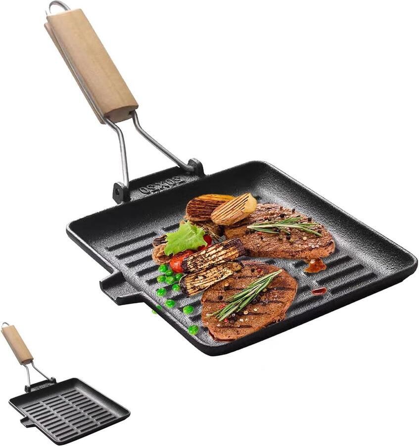 Gietijzeren Grillpan Steakpan Koekenpan Buiten Koken Inklapbaar Houten Handvat 20 x 20 cm Zwart