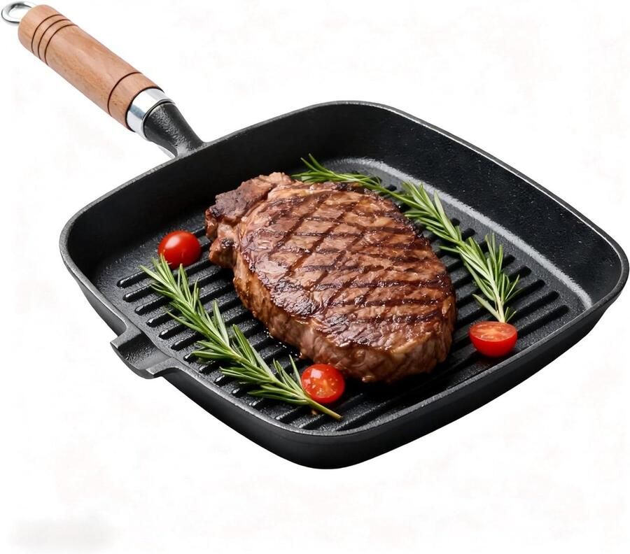Gietijzeren Grillpan Steakpan Koekenpan Gegrild Eten Bereiden Gelijkmatige Warmteverdeling 22 cm Zwart