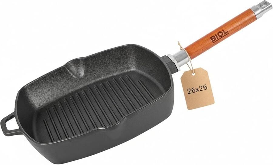 Gietijzeren Grillpan Steakpan met Afneembaar Houten Handvat 26 cm