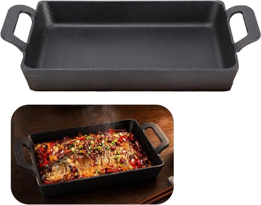 Gietijzeren Grillpan Steakpan Rechthoekig Grillen en Braden Gelijkmatige Warmteverdeling 24 x 17 cm Zwart