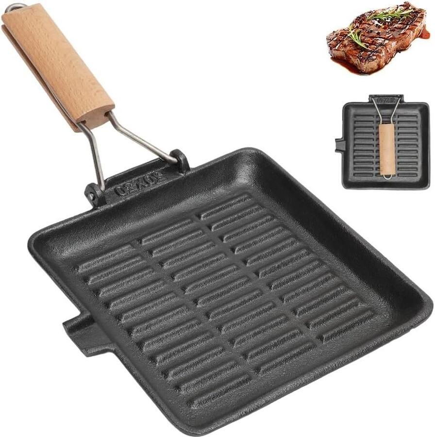 Gietijzeren Grillpan Steakpan Vierkant Buiten Koken Inklapbare Houten Handgreep 20 x 20 cm Zwart