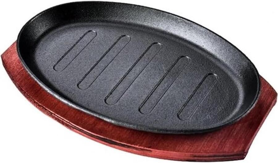 Gietijzeren Grillpan Teppanyaki Plaat Lekker Grillen Met Bamboe Lade 10 inch Zwart