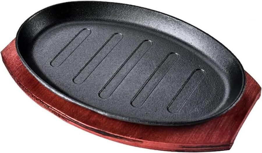 Gietijzeren Grillpan Teppanyaki Plaat Lekker Grillen Met Bamboe Lade 10 inch Zwart