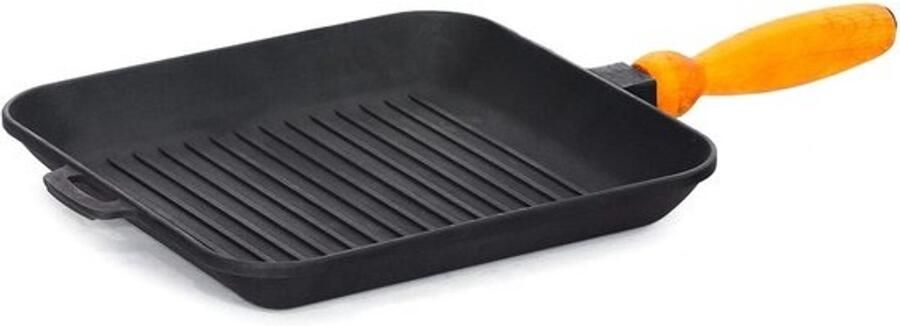 Gietijzeren Grillpan Vierkant 28 cm met Houten Handvat – Geschikt voor Alle Warmtebronnen Inclusief Inductie