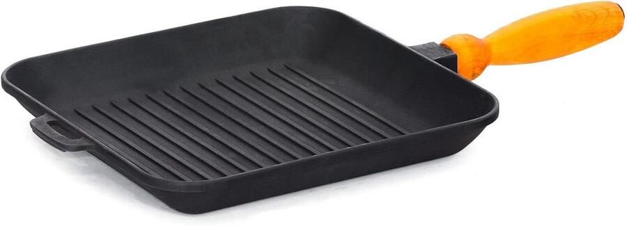 Gietijzeren Grillpan Vierkant 28 cm met Houten Handvat – Geschikt voor Alle Warmtebronnen Inclusief Inductie