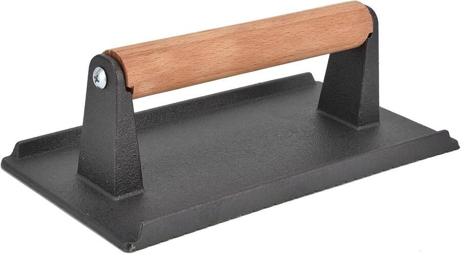 Gietijzeren Grillpers Bacon Press Gelijkmatig Grillen Houten Handvat 1045g Zwart