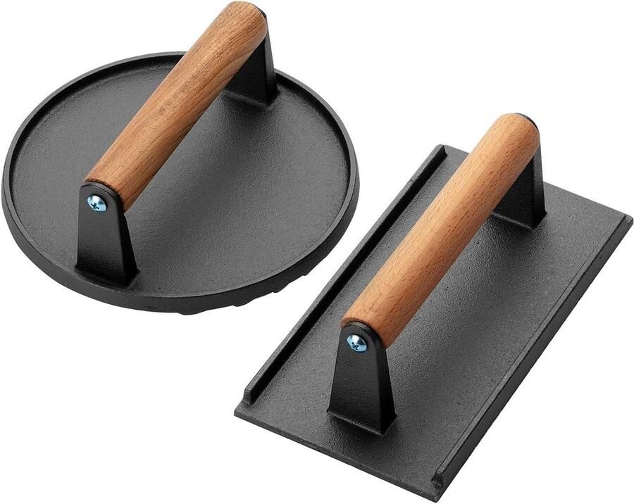 Gietijzeren Grillpers Set Burgerpers Vleespers Gegrild Vlees Bakken Dubbele Vormen 17.5cm & 21x11cm Zwart