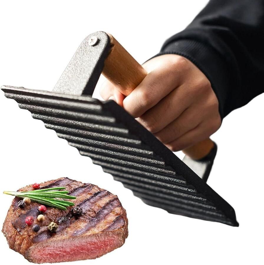Gietijzeren Grillpers Steak Gewicht Vlees Grillen Zwaar Uitgevoerd 20 x 10.5 cm Zwart