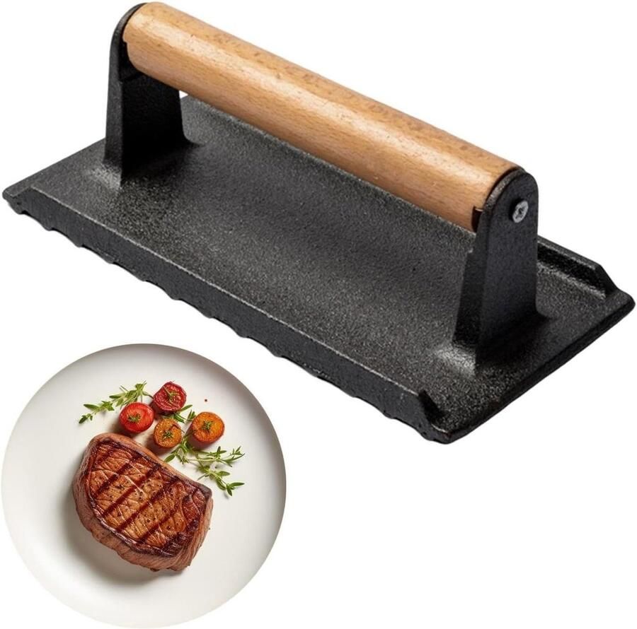 Gietijzeren Grillpers Steak Pers Gelijkmatig Grillen Hittebestendig Hout 21.7 x 14.5 cm Zwart