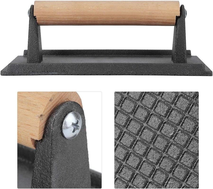 Gietijzeren Grillpers Steakpers Burgerpers Gelijkmatig Grillen Zwaar Gietijzer 21 x 10.5 cm Zwart