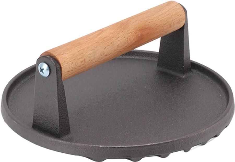 Gietijzeren Grillpers Vleespers Geribbeld Hamburgers Bakken Comfortabel Houten Handvat 17.4 cm Diameter Zwart