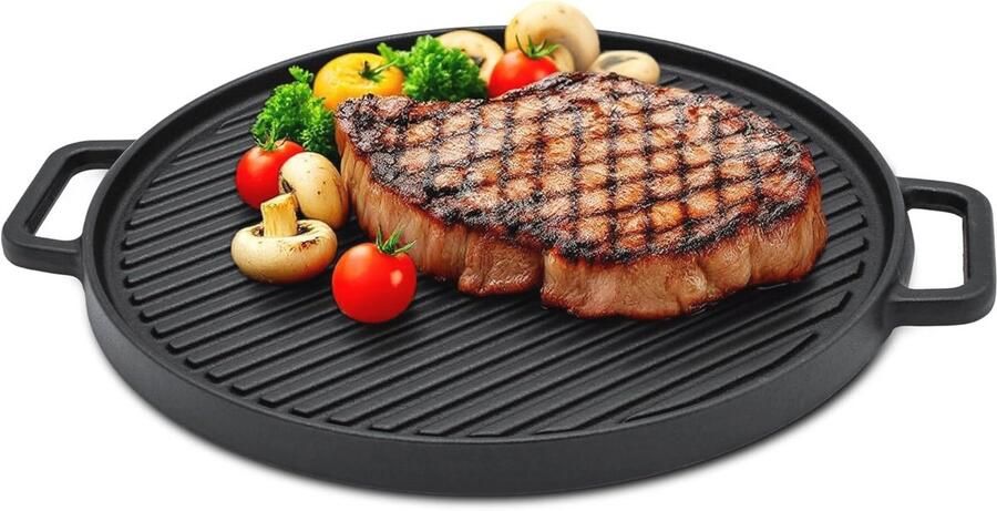 Gietijzeren Grillplaat 30 cm Handvat Rond Grillpan en Braadpan voor Inductie en Serveerpan
