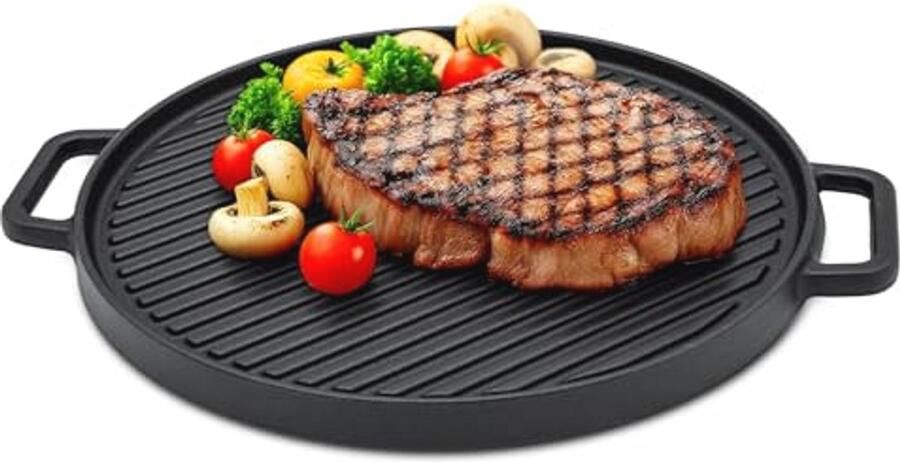 Gietijzeren Grillplaat 30 cm Handvat Rond Grillpan en Braadpan voor Inductie en Serveerpan