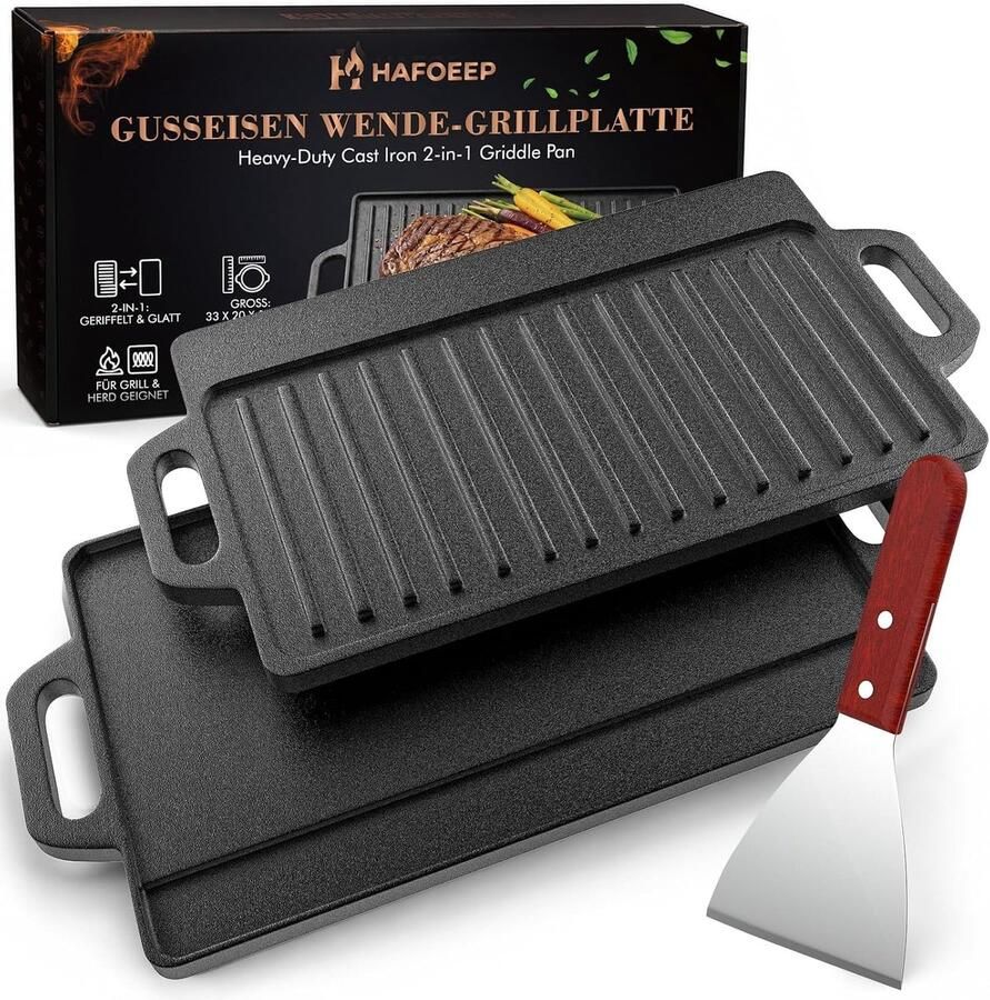 Gietijzeren Grillplaat 40 x 20 cm Omkeerbare Gietijzeren Grillplaat voor Gasgrill en Oven Inclusief Grillspatel