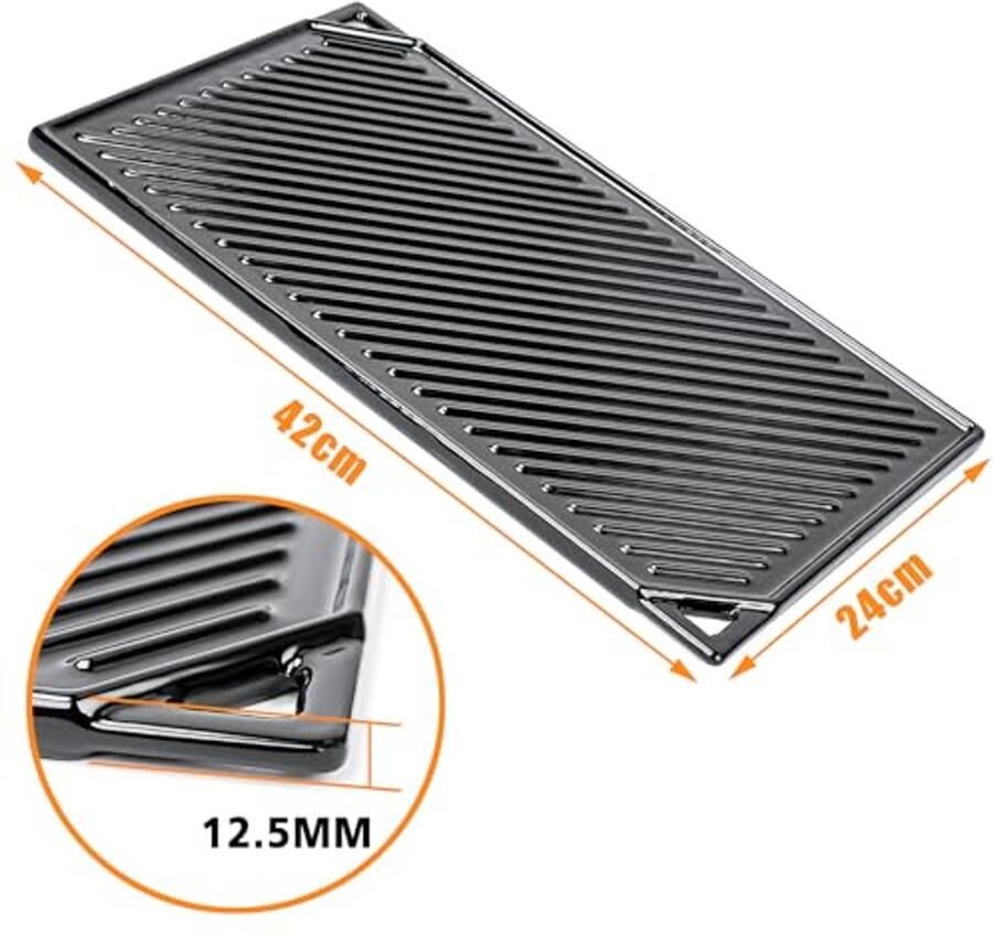 Gietijzeren grillplaat 42 x 24 cm omkeerbaar met anti-aanbaklaag voor gasgrill en oven