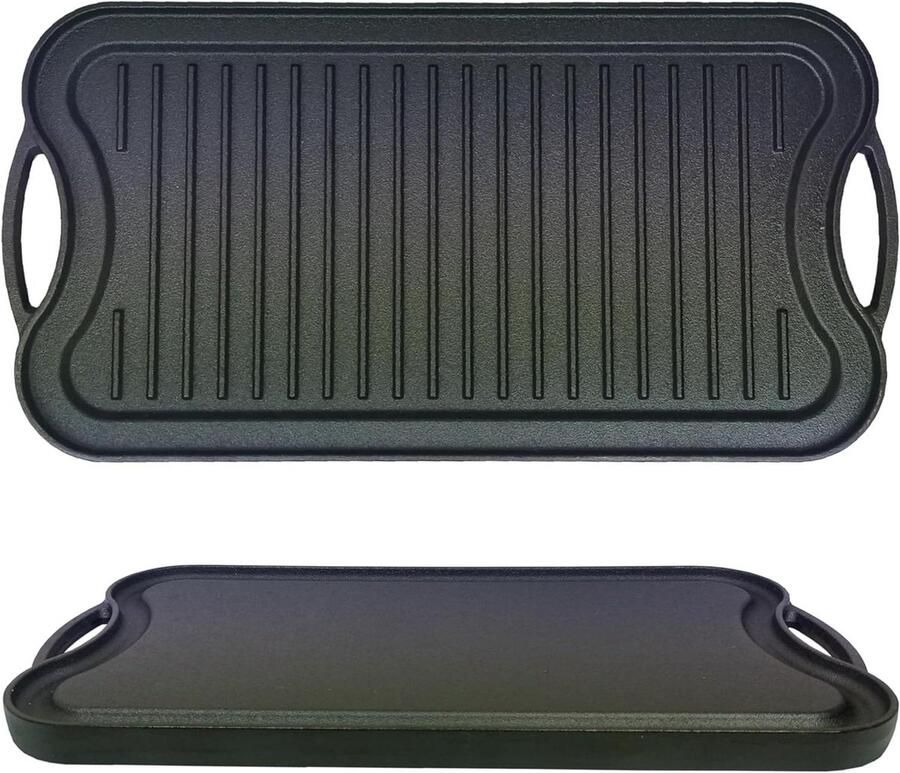 Gietijzeren grillplaat 51 x 26 cm massieve omkeerbare plaat voor gas- kolen elektrische grill en oven aan beide zijden bruikbaar (glad en geribbeld) gietijzeren pan voor steaks burgers