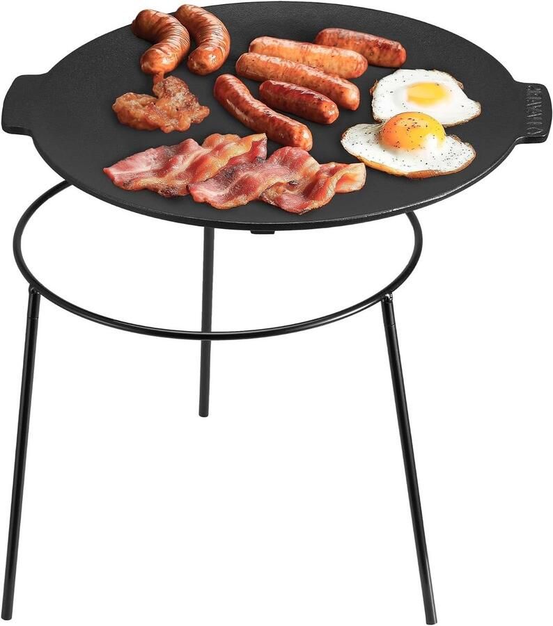 Gietijzeren grillplaat Bakplaat BBQ Buiten koken Afneembare poten 34 cm diameter Zwart - Foto 2