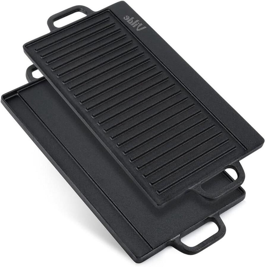 Gietijzeren Grillplaat Bakplaat Plancha Buiten Koken Dubbelzijdig Grilloppervlak 50.5 x 23.5 cm Zwart