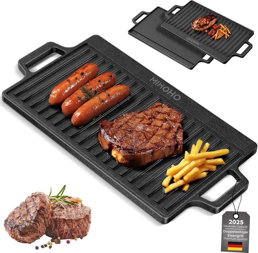 Gietijzeren Grillplaat Bakplaat Plancha Buiten Koken Omkeerbaar Ontwerp 45 x 22 cm Zwart