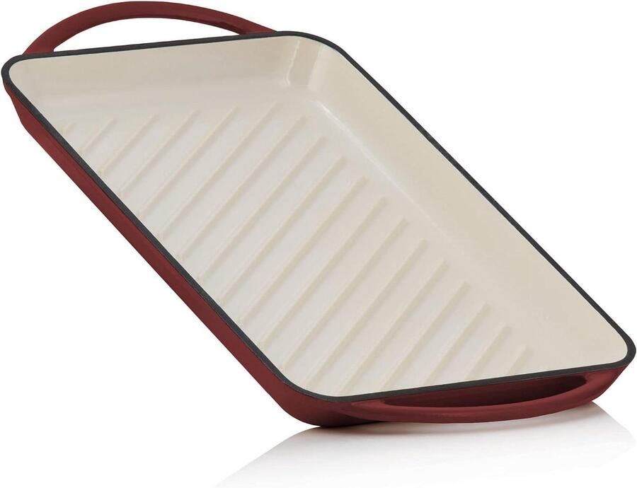 Gietijzeren Grillplaat Braadplaat Gerechten Bereiden Geëmailleerd Geribbeld Oppervlak 395 x 22 cm Donkerrood