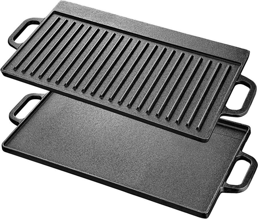 Gietijzeren grillplaat Dubbelzijdig rooster Buiten koken Geribbeld en plat 42 x 23 cm Zwart