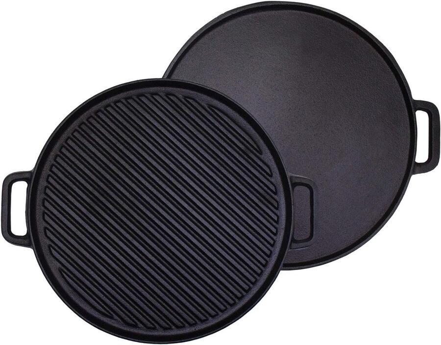 Gietijzeren Grillplaat Dubbelzijdige Pan Koken en Grillen Omkeerbaar Ontwerp 30 cm Zwart