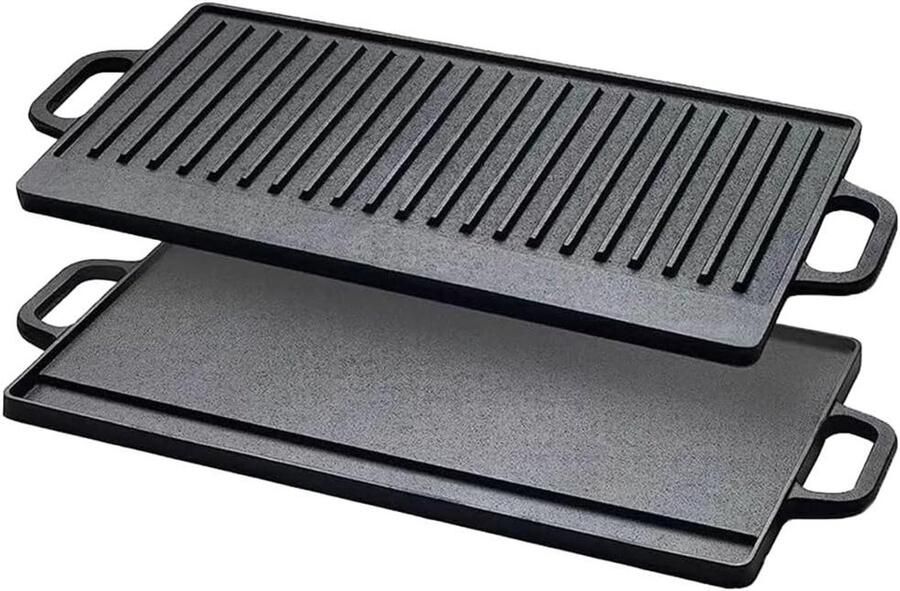Gietijzeren Grillplaat Dubbelzijdige Pan Vlees Braden Gelijkmatige Warmte 46 x 23 cm Zwart