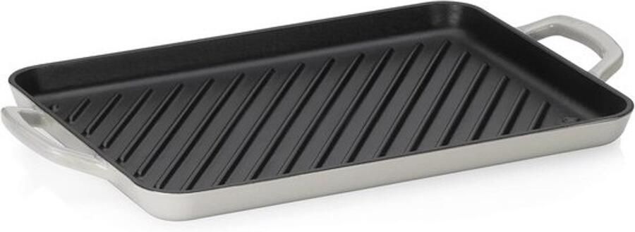 Gietijzeren grillplaat Grillpan en koekenpan Geschikt voor binnen grillen Met extra hoge ribbels 35 x 25 cm Lichtgrijs