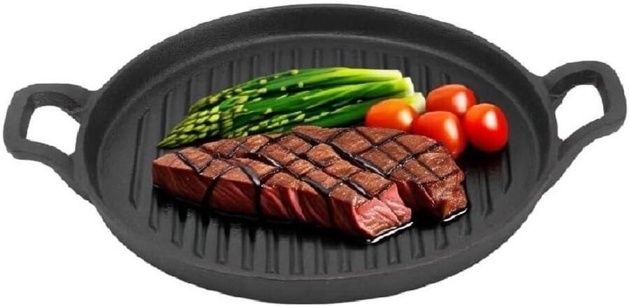 Gietijzeren Grillplaat Koekenpan Ronde Pan Koken op Inductie Dubbelzijdig Bruikbaar 31 cm Zwart